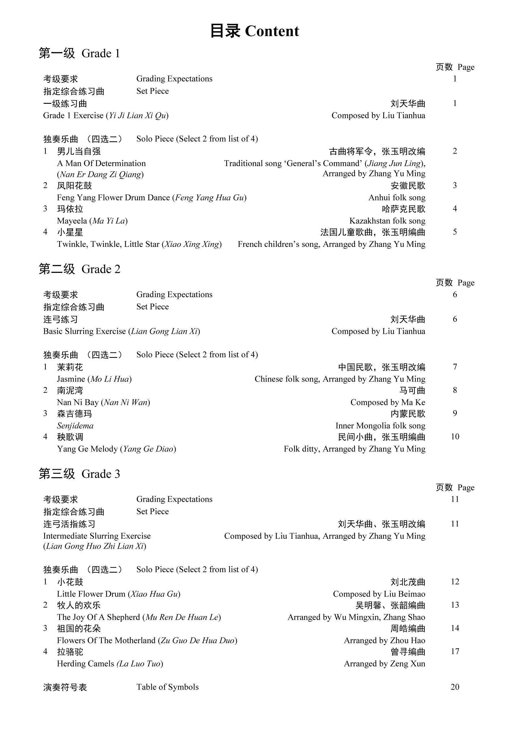 Erhu Grading Examination Book by Teng Beginner Grade 1-3 Content Page