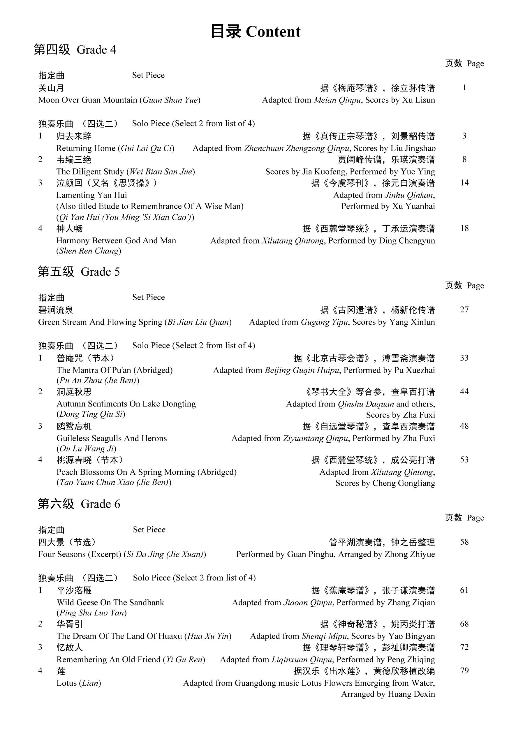 Guqin Grading Examination Book by Teng (Intermediate Grade 4-6) Content Page