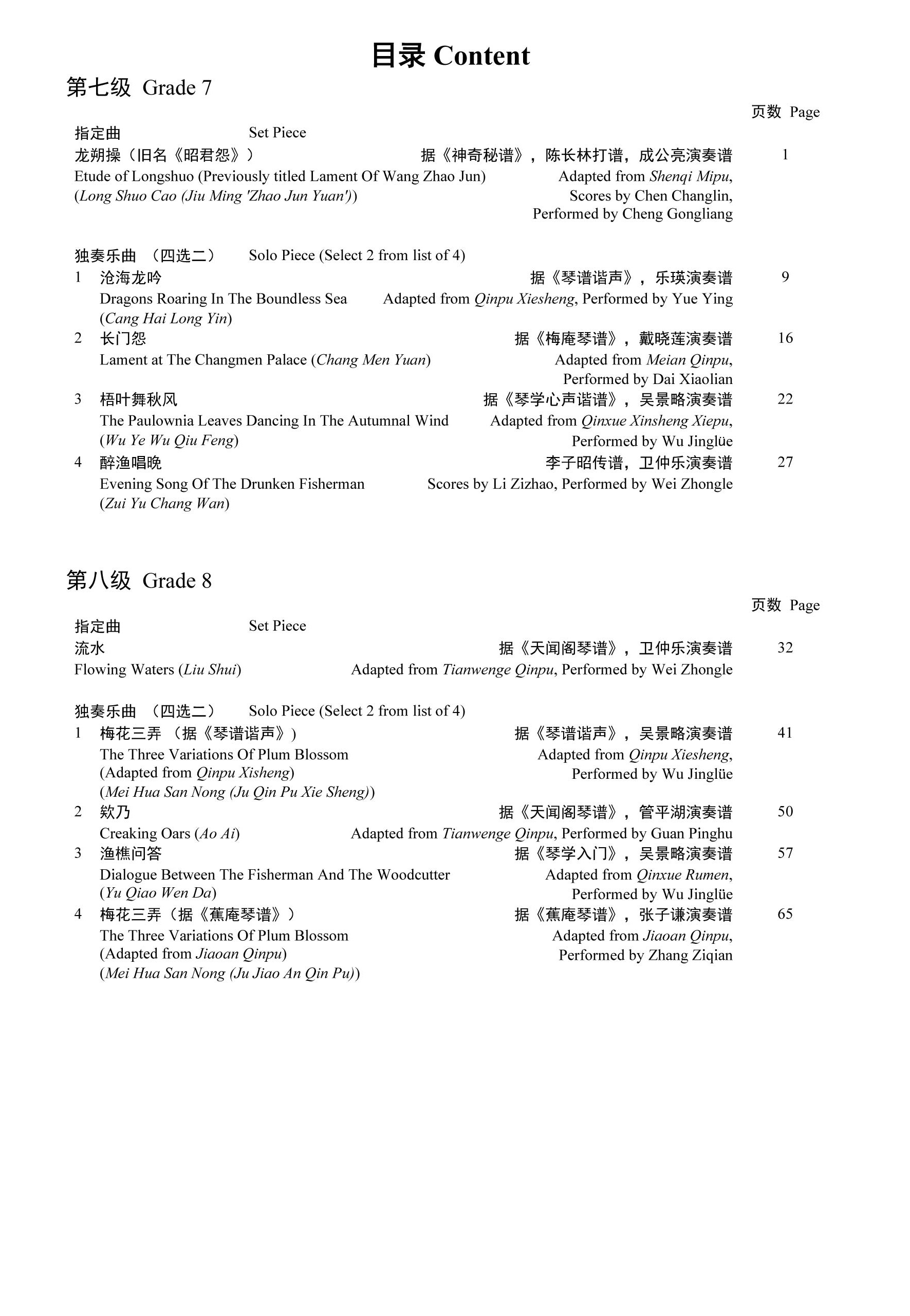 Guqin Grading Examination Book by Teng (Intermediate Grade 7-8) Content Page