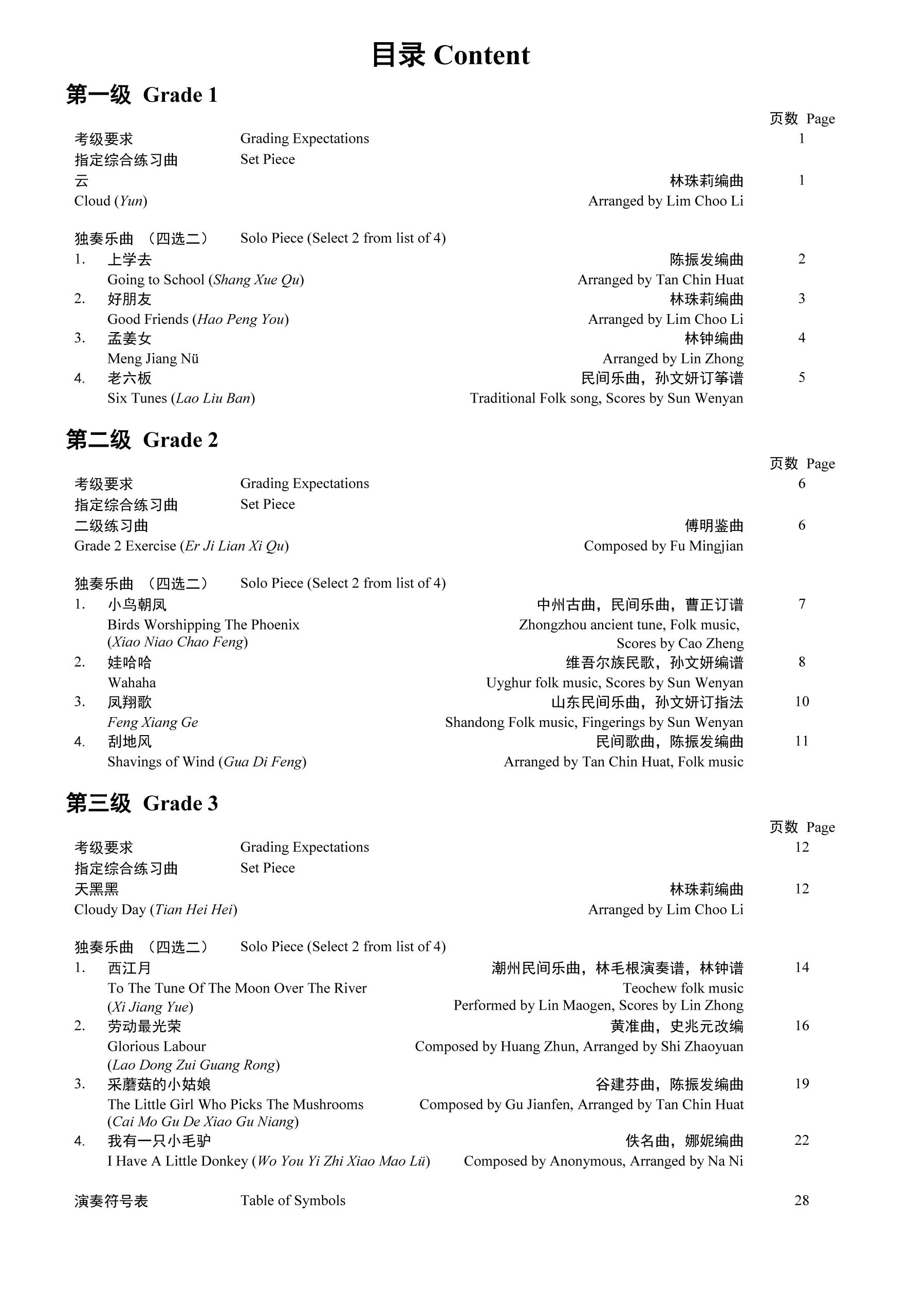 Guzheng Grading Examination Book by Teng Beginner Grade 1-3 Content Page