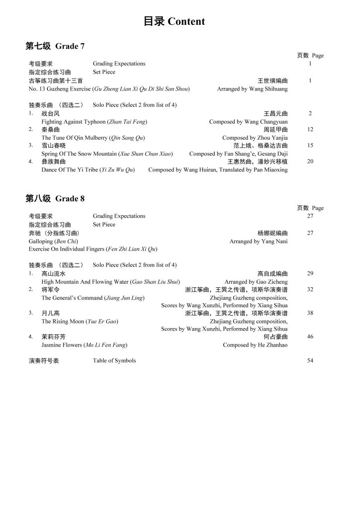 Guzheng Grading Examination Book by Teng (Intermediate Grade 7-8) Content Page