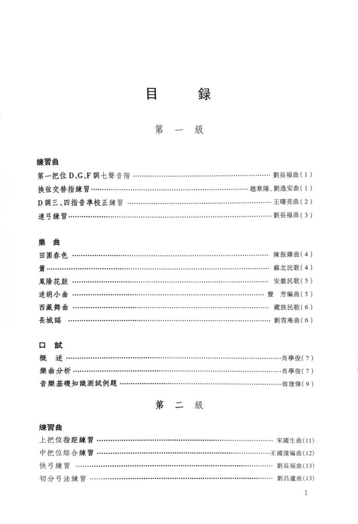 Erhu Grading Examination Book by CCOM – NAFA (Beginner Grade 1-6) Content Page 1