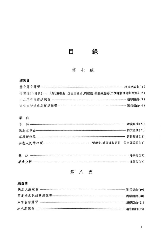 Erhu Grading Examination Book by CCOM – NAFA (Beginner Grade 7-9) Content Page 1