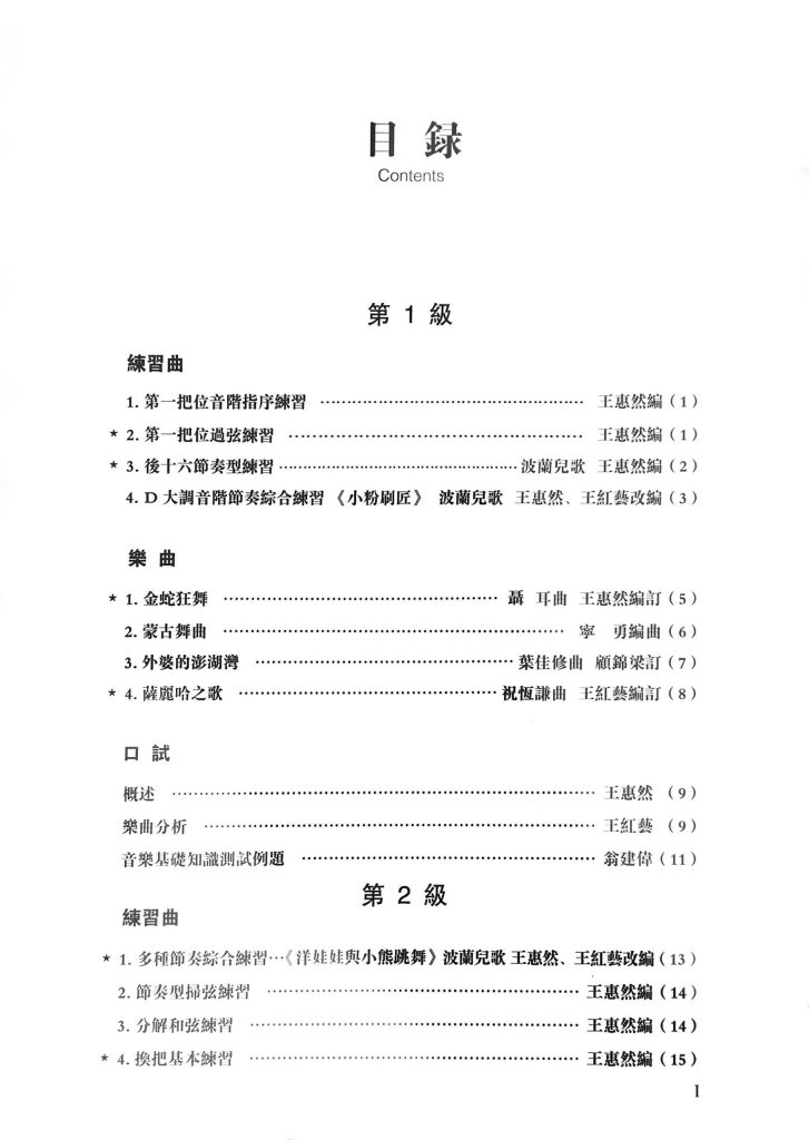 Liuqin Grading Examination Book by CCOM – NAFA (Beginner Grade 1-6) Content Page 1